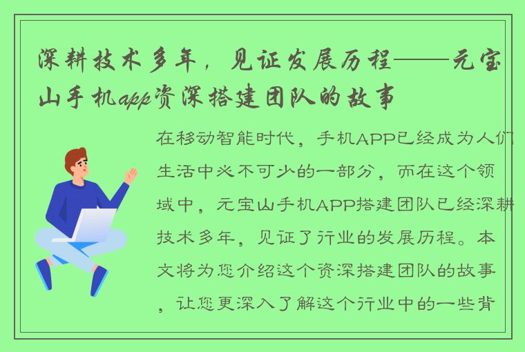 深耕技术多年，见证发展历程——元宝山手机app资深搭建团队的故事