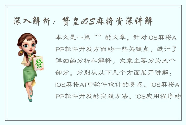 深入解析：赞皇iOS麻将资深讲解